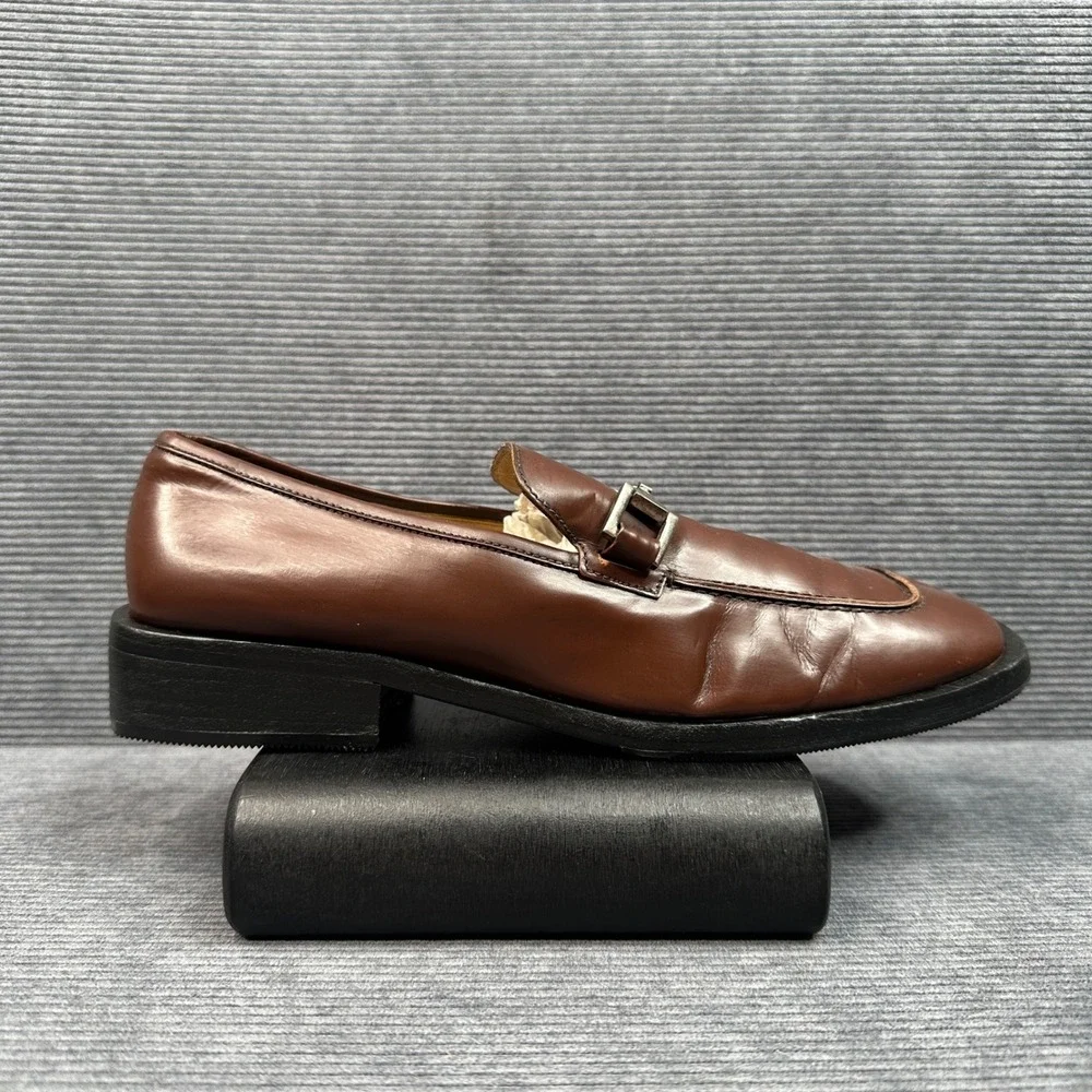 Gucci Vintage Brown Leather Buckle Loafers Square Toe Made in‎ Italy 37.5 C